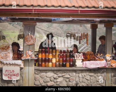 Farmers market and souvenir stall combined, local products sold in a stall by the Garni temple in Armenia Stock Photo