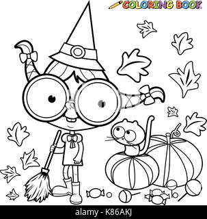Halloween witch sweeping pumpkin leaves. Black and white coloring book page Stock Vector