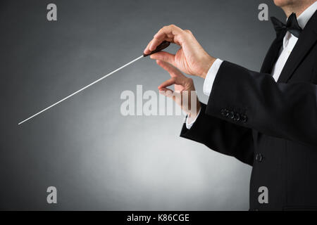 Close-up Of Male Orchestra Conductor Hands Holding Baton Stock Photo