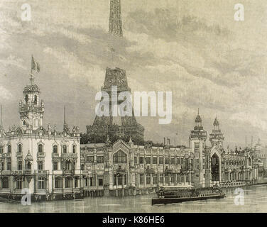 History of France. Paris. Universal Exhibition of 1889. Food Product Pavilion on the Quai d’Orsay at the left bank of the river Seine. At the background, the Eiffel tower. Engraving. 'La Ilustracion Espanola y Americana', 1889. Stock Photo