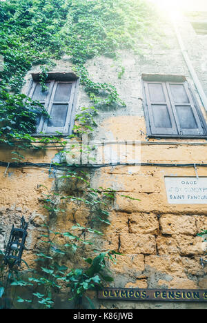 Rhodes, Greece - September 16, 2016: Streets and parts of the facade of the Old Town, Rhodes, Greece Stock Photo