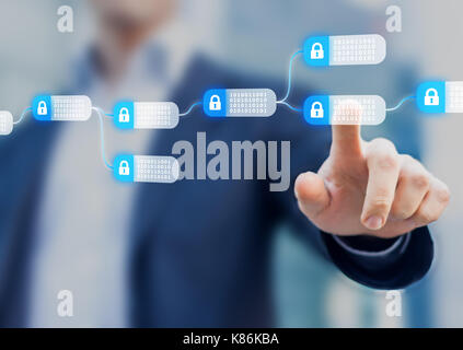 Blockchain technology concept with a chain of encrypted blocks and person in background, fintech, financial cryptocurrency such as bitcoin Stock Photo