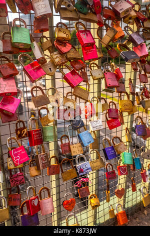 Love locks on bridge in Hamburg Stock Photo