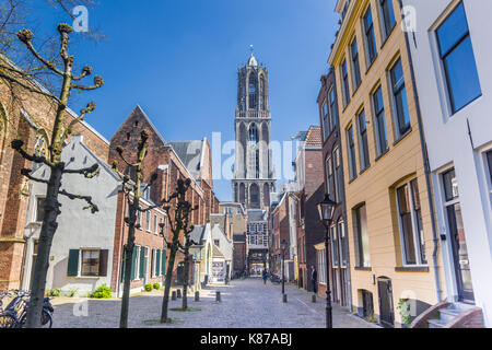 Church tower and colorful houses in Utrecht, Netherlands Stock Photo