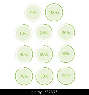 Vector illustration green round, circle pie graph, chart with percentage 10 20 25 30 40 50 60 70 75 80 90 100 % icon set Stock Vector