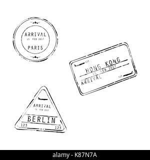 Vector illustration set of International travel visa stamps isolated on white. Arrivals sign rubber stamps. Stock Vector