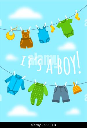 It is a boy cartoon cute greeting card. Baby shower party invitation vertical cover. Vector flat illustration. Newborn child clothes hanging on ropes  Stock Vector