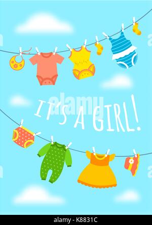 It is a girl cartoon cute greeting card. Baby shower party invitation vertical cover. Vector flat illustration. Newborn child clothes hanging on ropes Stock Vector