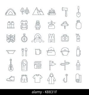 Summer camping thin line icons. Vector flat outline graphics. Outdoor recreational activity. Hiking tourism tools, clothes, objects. Wild nature trave Stock Vector