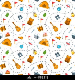 Hiking tourism seamless pattern. Wild nature travel vector flat tileable background. Simple icons of camping tools on white backdrop. Vacation outdoor Stock Vector