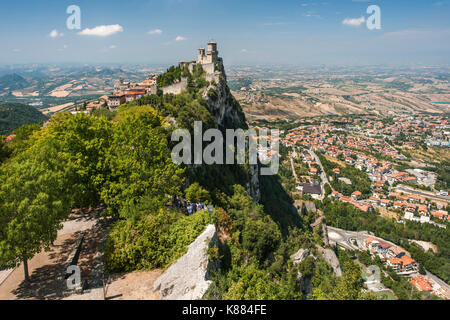 View of Guaita fortress/tower (aka Rocca/Torre Guaita) and parts of San Marino from Cesta Tower on Mount Titan (Monte Titano) in San Marino. Stock Photo