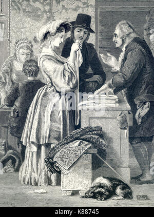 This engraving on wood accompanied an 1881 book on British Painters. The one is titled 'Choosing a Wedding Gown' and is credited to William Mulready (1786-1863), an Irish painter living in London. Mulready was known for his works that romanticized rural scenes. His paintings were popular in Victorian times. Stock Photo