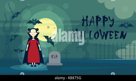 Happy Halloween Greeting Card Dracula Vampire At Night On Cemetery Graveyard Banner Stock Vector