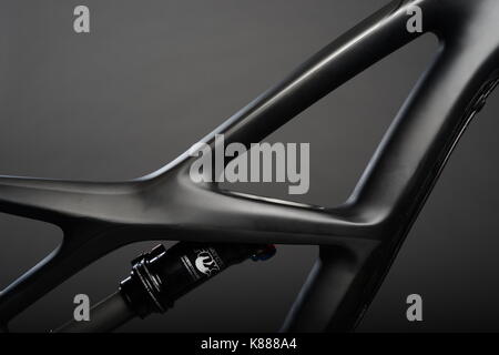 Carbon fibre full suspension mountain bike frame. Stock Photo
