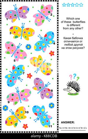 Spring or summer visual puzzle: Which one of these colorful butterflies is different from any other? Answer included. Stock Vector