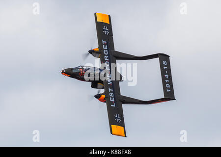 A topside pass by the  North American Aviation Rockwell OV-10 Bronco at the Southport airshow in the early autumn of 2017. Stock Photo