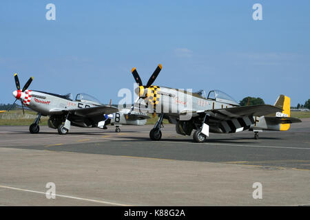 Both of the Hardwick Warbirds P-51D Mustangs standing at Bentwaters after a small local airshow. Stock Photo