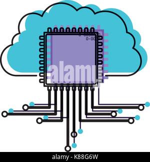 cloud storage data and cpu microprocessor icon watercolor silhouette with thick contour Stock Vector