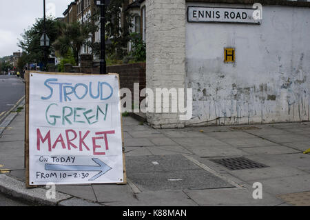 Stroud Green Market sign in London on Ennis Road near Finsbury Park Station selling mainly vegetarian and vegan produce every Sunday Stock Photo