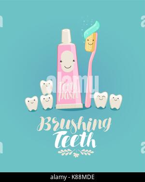 Brushing teeth, banner. Tooth, toothpaste, toothbrush, dentistry, dental clinic concept. Cartoon vector illustration Stock Vector