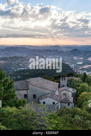 Rooftops and surrounding countryside of the old town of San Marino in the republic of San Marino. Stock Photo
