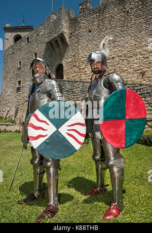 San Marinis in suits of armour during the annual Medieval Days Festival held in the old town of San Marino in the republic of San Marino. Stock Photo