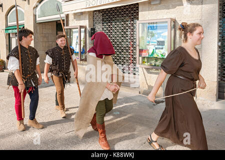 San Marinis dressed and performing in period outfits during the annual Medieval Days Festival held in San Marino. Stock Photo