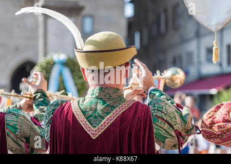 Trumpeters performing during the annual Medieval Days Festival held in the old town of San Marino in the republic of San Marino. Stock Photo