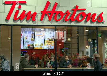 MONTREAL, CANADA - NOVEMBER 9, 2018: Tim Hortons logo in front of one of  their restaurants in Montreal, Quebec. Tim Hortons is a cafe and fastfood  can Stock Photo - Alamy