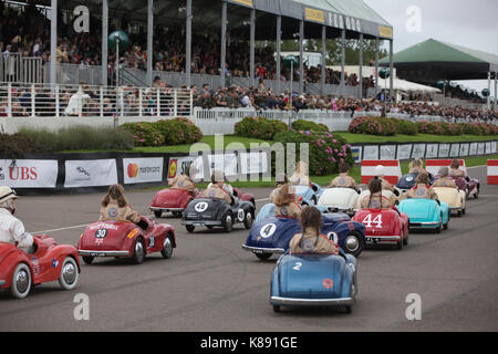 Settrington Cup contest for Austin J40 pedal cars at Goodwood Revival 2017 Meeting, Goodwood race track, West Sussex, England, UK Stock Photo