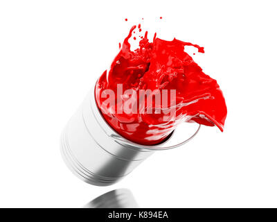 3d illustration. Red paint splashing out of can. Isolated white background Stock Photo