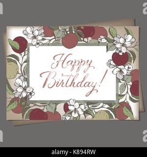 Landscape A4 format romantic birthday card template with calligraphy, flowers and apples sketch. Stock Vector