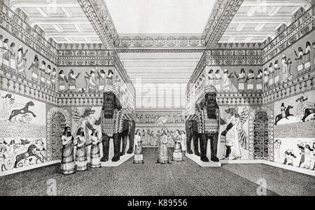 Artist's impression of one of the interior halls in the palace at Nineveh, built by Sennacherib c. 700 BC at the ancient Assyrian city of Upper Mesopotamia.  From Hutchinson's History of the Nations, published 1915. Stock Photo