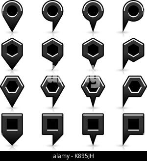 16 map pins sign location icon with gray reflection and shadow in flat satined style. Set 03 simple black smooth shapes on white background. This vect Stock Vector