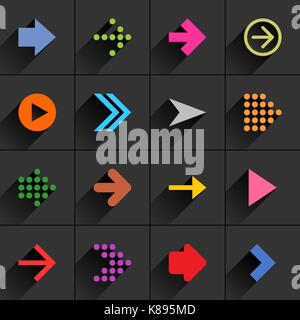 16 arrow flat icon with long shadow. Blue, green, pink, orange, brown, yellow, violet, purple, red, cobalt, magenta signs on dark gray background Stock Vector