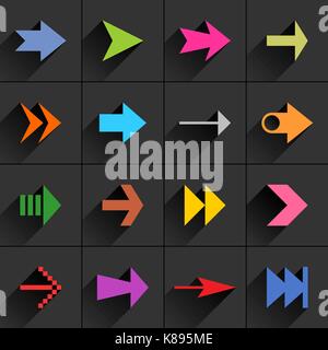 16 arrow flat icon with long shadow. Blue, green, pink, orange, brown, yellow, violet, purple, red, cobalt, magenta signs on dark gray background Stock Vector