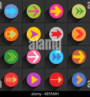 16 arrow flat icon with long shadow. Blue, green, pink, orange, brown, yellow, violet, purple, red, cobalt, magenta signs on dark gray background Stock Vector