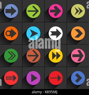 16 arrow flat icon with long shadow. Blue, green, pink, orange, brown, yellow, violet, purple, red, cobalt, magenta signs on dark gray background Stock Vector