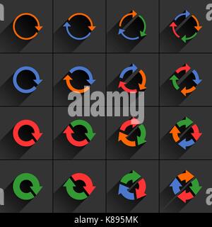 16 arrow flat icon with gray long shadow. Orange, blue, red, green signs on dark gray background. Clean, simple, minimal, solid, plain style Stock Vector
