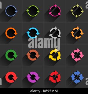 16 arrow flat icon with gray long shadow. Blue, green, pink, orange, brown, yellow, violet, purple, red, cobalt, magenta signs on dark gray background Stock Vector