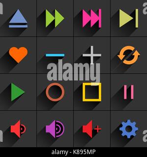 16 media control sign flat icon with gray long shadow. Blue, green, pink, orange, brown, yellow, violet, purple, red, cobalt, magenta signs on dark Stock Vector