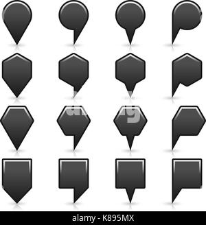 16 map pins sign location icon with gray reflection and shadow in flat style. Set 01 simple black matted shapes on white background. Vector illustrati Stock Vector
