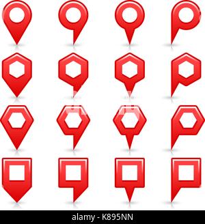 Flat red color map pin sign location icon with gray shadow and reflection isolated on white background. Web design element save in vector illustration Stock Vector