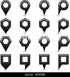16 map pins sign location icon with gray reflection and shadow in flat satined style. Set 07 simple black smooth shapes on white background. This vect Stock Vector