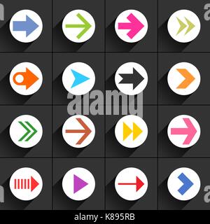 16 arrow flat icon with black long shadow. White sign on dark gray background. Tidy, clean, simple, minimal, solid, plain style. Vector illustration Stock Vector