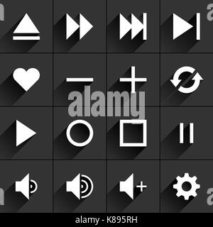 16 media control sign flat icon with gray long shadow. White sign on dark gray background. Tidy, clean, simple, minimal, solid, plain style Stock Vector