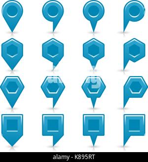 Flat blue color map pin sign location icon with gray shadow and reflection isolated on white background. Web design element save in vector illustratio Stock Vector