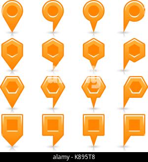 Flat orange color map pin sign location icon with gray shadow and reflection isolated on white background. Web design element save in vector illustrat Stock Vector