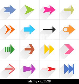 16 arrow flat icon with long shadow. Blue, green, pink, orange, brown, yellow, violet, purple, red, cobalt, magenta signs on white background Vector i Stock Vector