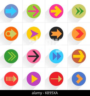 16 arrow flat icon with long shadow. Blue, green, pink, orange, brown, yellow, violet, purple, red, cobalt, magenta signs on white background. Vector  Stock Vector